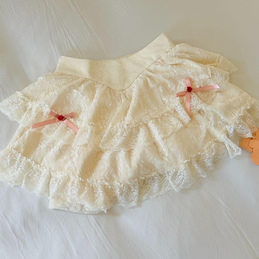 LaceMade Ivory Convertible Lace Ruffle Skirt Pink Bows Rose XS NWT - Picture 5 of 8